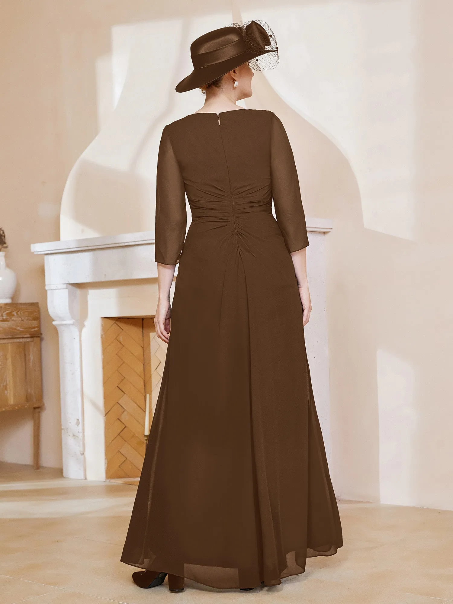 3/4 rmel V-Ausschnitt A-Linie Plissee Kleid Braun