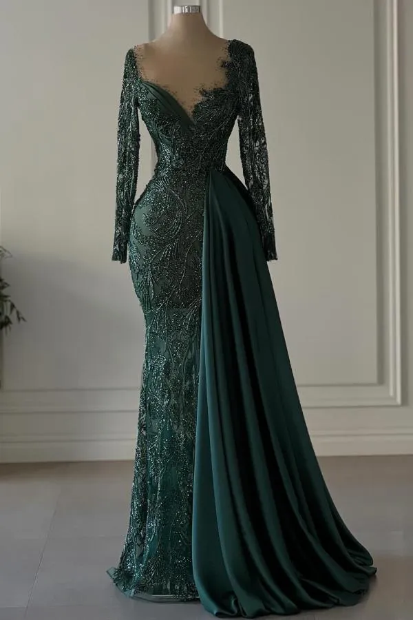 Designer Abendkleider Lang Dunkel Grün | Abiballkleider Spitze Mit Ärmel