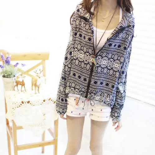 Folk Style Retro Floral Geometric Figure Print Hooded Outerwear