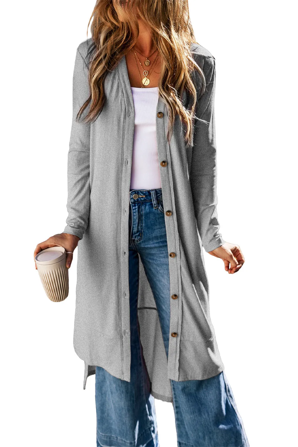 Gerippter, Geteilter Duster Cardigan Mit Knopfleiste