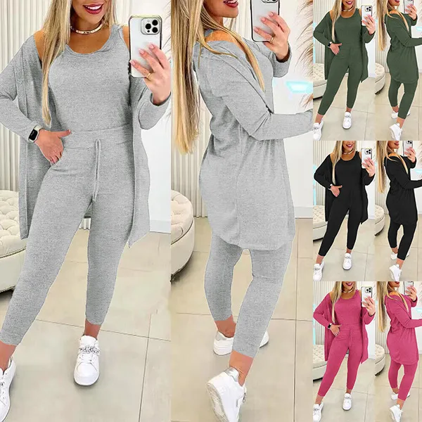 Modisches Dreiteiliges Set bestehend aus Ärmellosem Shirt Hose mit Kordelzug und Strickjacke