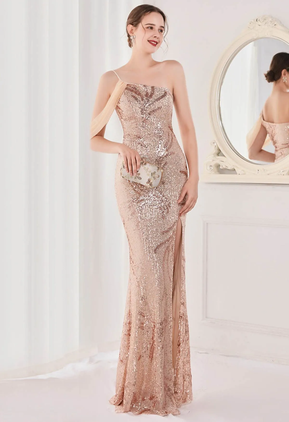 One-Shoulder-Frontschlitz mit Pailletten und Maxikleid in Champagner