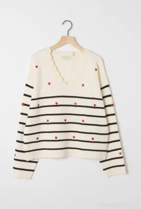 Pullover mit V-Ausschnitt, Streifenmuster und Herzstickerei EUDOXIE