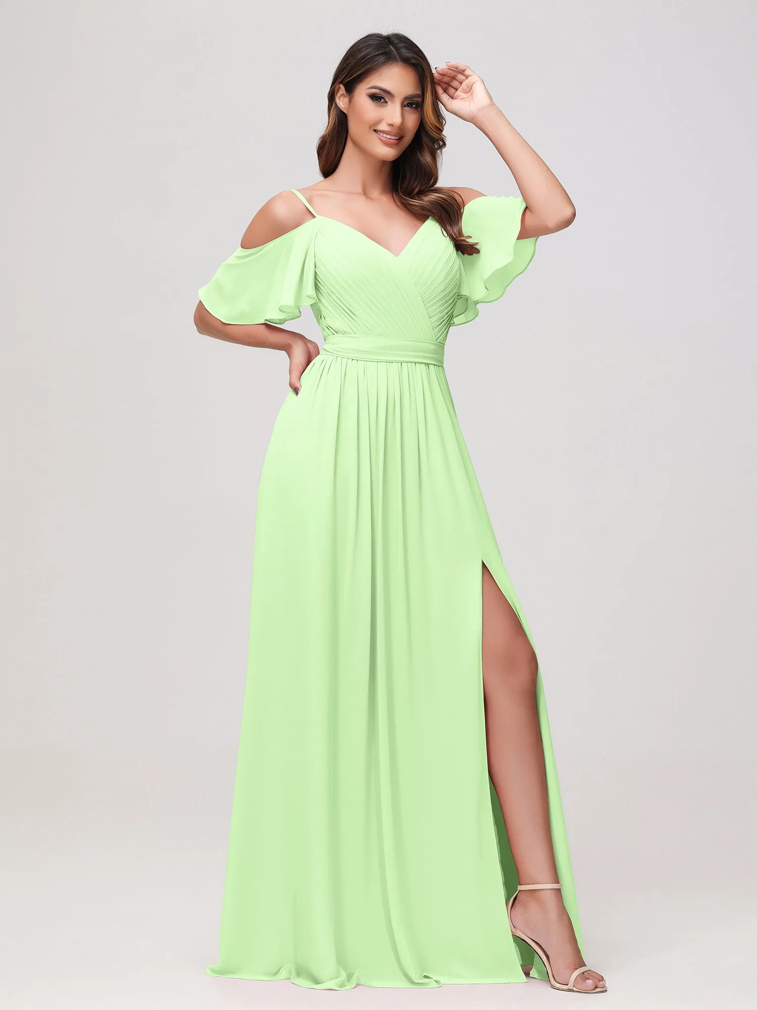 Schulterfrei A-Linie Rüschen Chiffon Kleid mit Schlitz Salbei